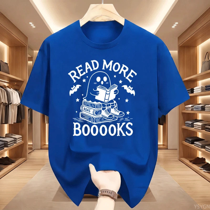 Read More Booooooks Ghost Book Lover T‑Shirt Cute Ghost Reading Book Stack Bat Star Spooky Halloween Bookworm Pun Quote Tops Tee