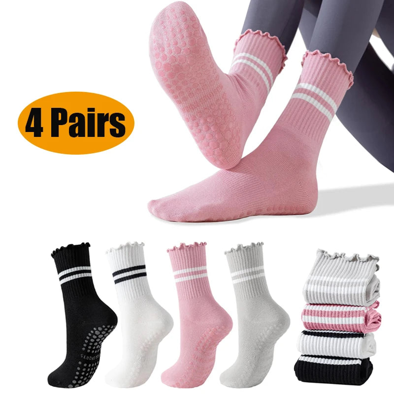 4 Pairs Yoga Socks for Women Cotton Breathable Mid Tube Anti Slip Pilates Socks Stripe Floor Sports Grip  Socks