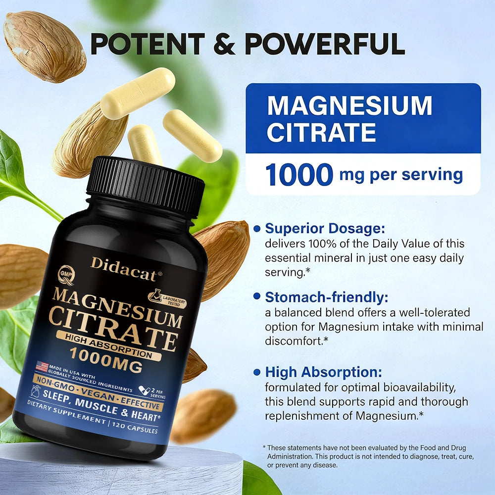 Magnesium Citrate Capsules 1000mg,High Absorption Supplement - Sleep, Muscle & Heart Support,Non-GMO Vegan