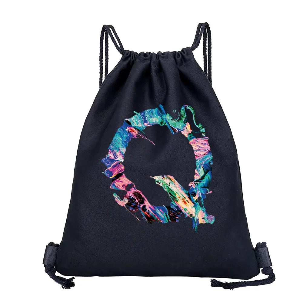 26 Initials Print Drawstring Bag Backpack Men and Women Beach Sports Travel Backpack Kid Gift Supplies Bag Portable Sundries Bag