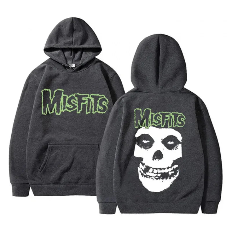 2025 Horror Punk Misfits Skull Graphic Print Hoodie Men Gothic Vintage Loose Fleece Cotton Hooded Sweatshirt Rock Style Pullover