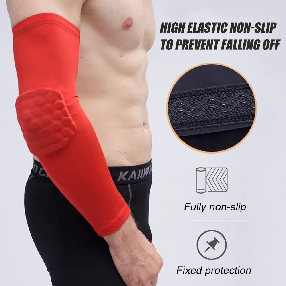 1PC Compression Arm Sleeve with Elbow Pad - Padded Crashproof Protection for Basketball Football - Youth & Adult (XS-XXL)