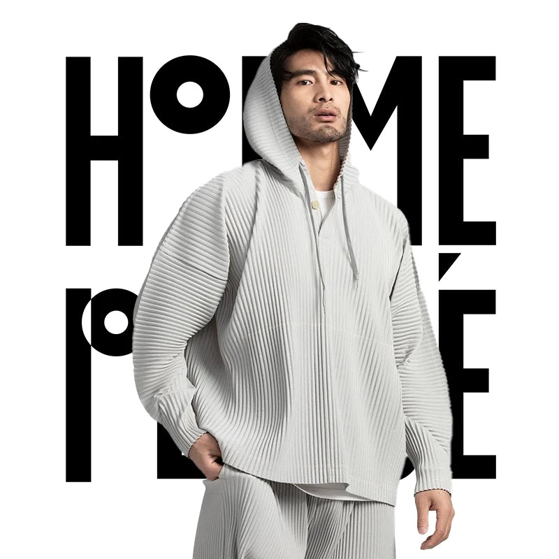 Pleats Pleated Hoodies For Men Black Hoodie 2025 Solid Color Coat Breathable Loose Drawstring Casual Top Man Clothing