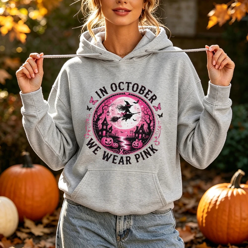 In October We Wear Pink Print Hoodie Halloween Witch Graphic Pullover Pink Ribbon Survivor Support Long Sleeve Blouse Hoodies