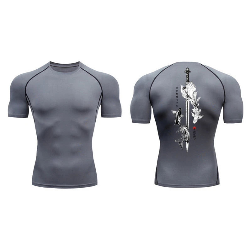 Yin Yang Sword Print Short Sleeve Compression Shirts for Men Summer Athletic Quick Dry T-shirts Gym Workout Running Tees Tops