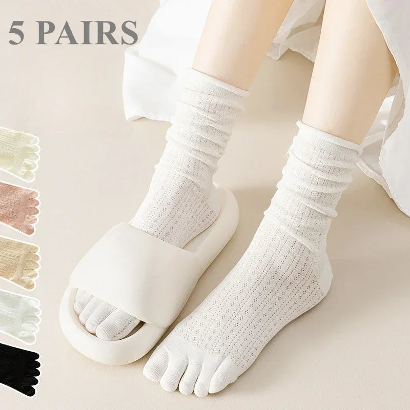 5 Pairs Loose Socks with Five Separate Fingers Summer Thin Tulle Toe Socks Soft Pilates Yoga Sports Socks High Tube