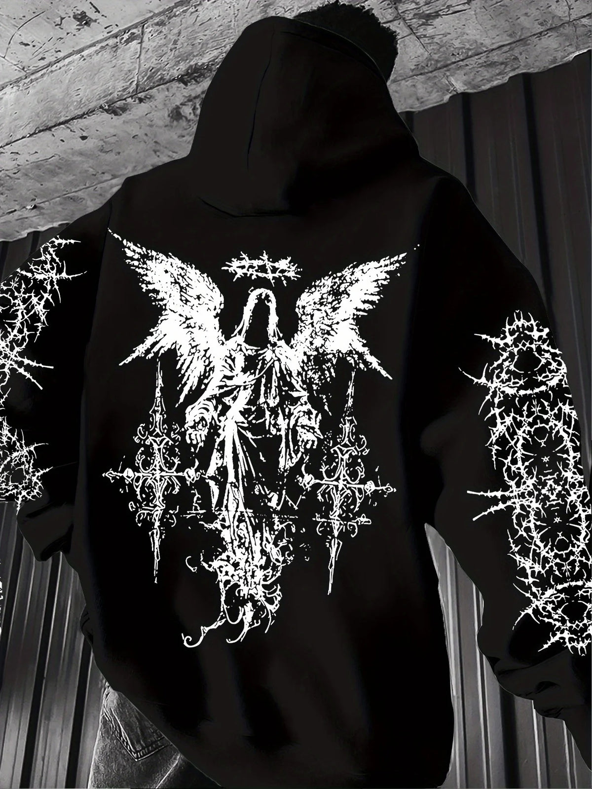 Men's Angel Element Graffiti Thorn Print Streetwear Hip Hoodie Punk Style Hoodie Regular Fit Outdoor Casual Long Sleeve Pullover
