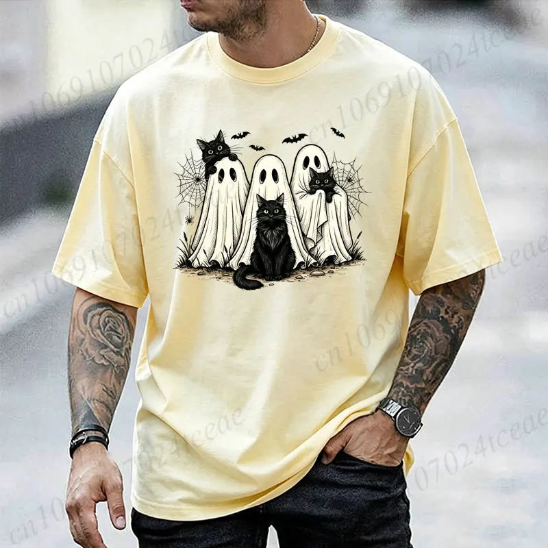 Retro Halloween Ghost & Black Cat Graphic T‑Shirt Men Women Spooky Ghost Cats Bat Spider Print Short Sleeve Holiday Party Tops