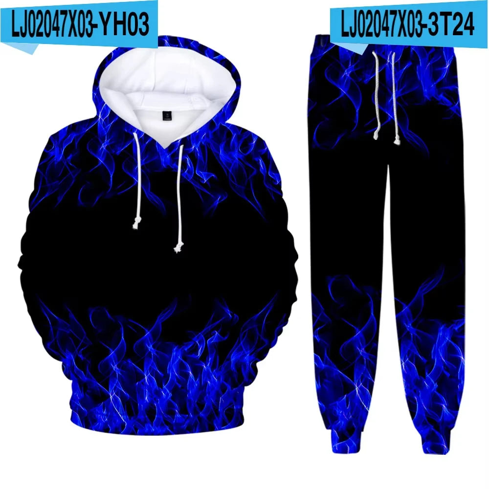 Men's Hoodie Pant Set Blue Flame 3d Print Sets Men Women Fashion Hoodie +Pants 2Pcs Sets Sports Casual Two Piece Tracksuit Suits