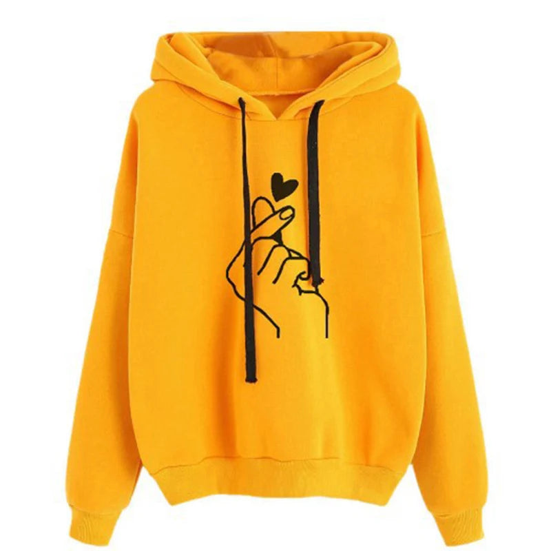 Plus Size Fleece Hoodie Solid Color Finger Heart Hooded Korean Fashion Sweatshirts Long Sleeve Drawstring Pockets Loose Hoodies