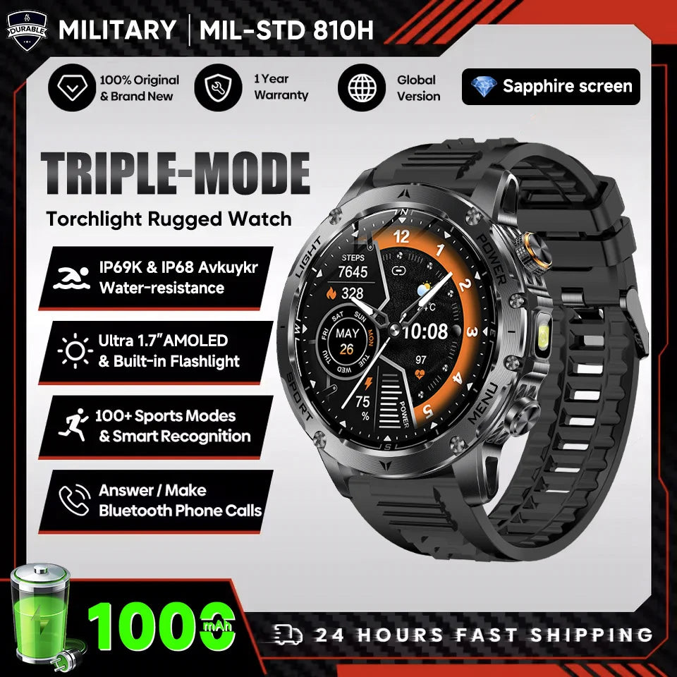 New Outdoor Original Men Sports Smart Watch 1000mAh Big Battery GPS 10ATM Waterproof Bluetooth Call Flashlight Adult Smartwatch