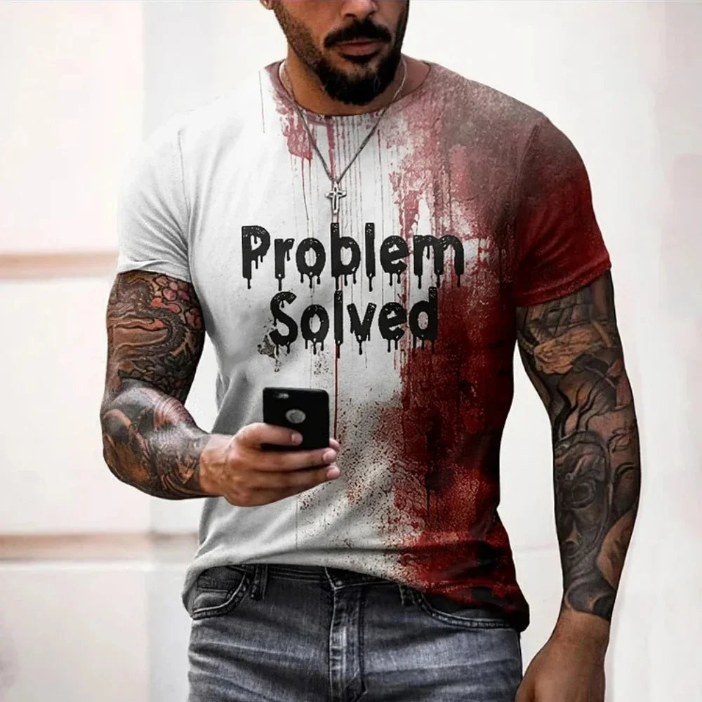 Men's T Shirts Problem Solved Bloody Print Tees Fashion Horrible Halloween Short Sleeve Casual Round Neck Oversized T-shirt Tops