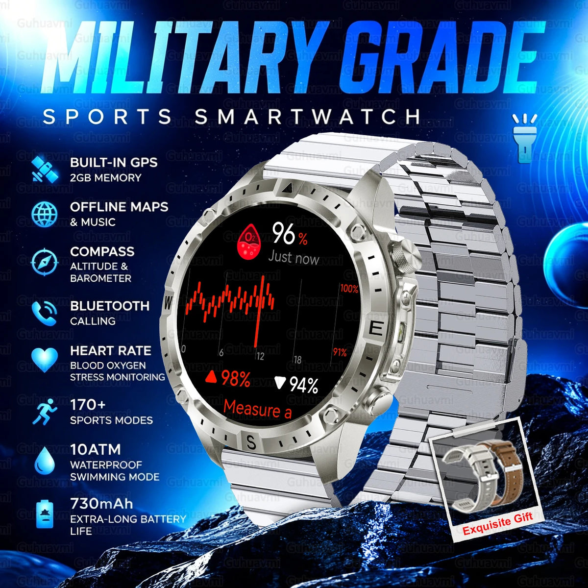 2026 New Rugged Military Smartwatch 2GB Memory GPS Offline Maps Compass 24H Heart Rate 10ATM Waterproof Bluetooth Sports Watches