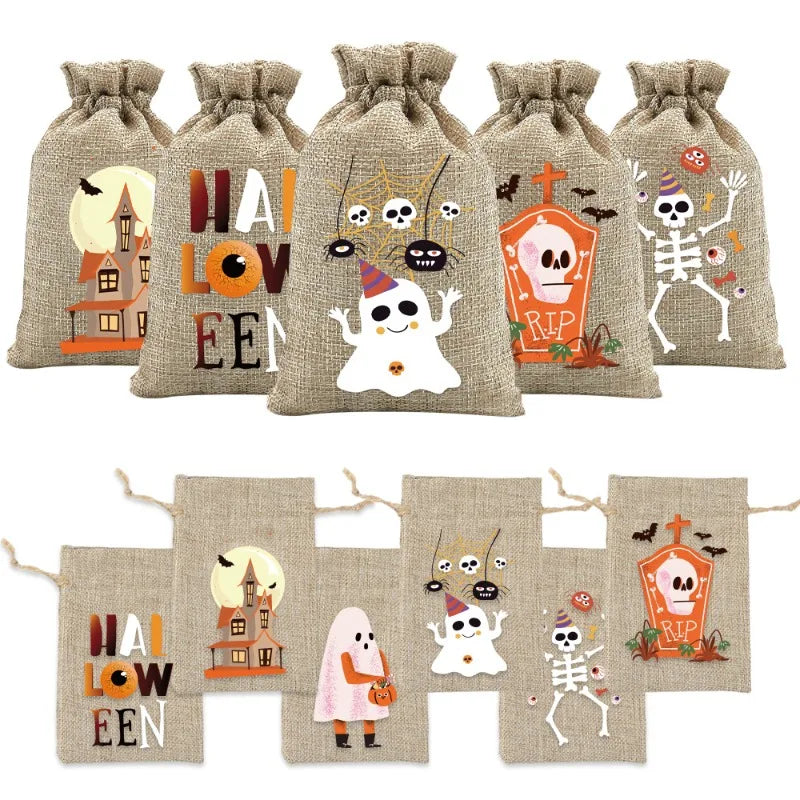 10pcs10X15cm Halloween Linen Drawstring Gift Bag Trick or Treat Party Children's Small Gifts Candy Packaging Storage Bag