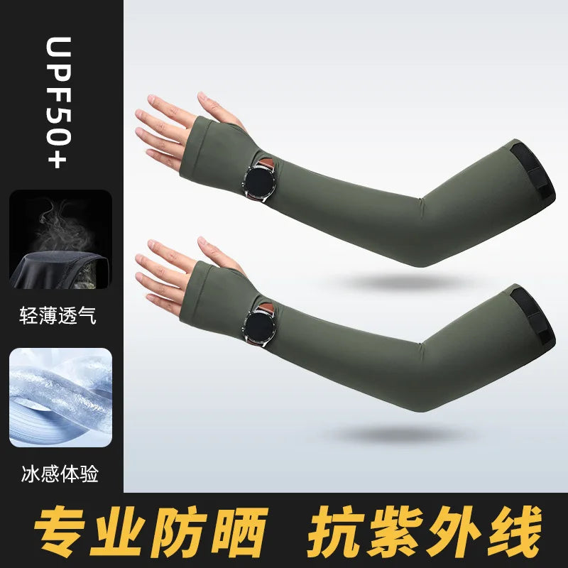 1Pair UPF50+ Cooling Arm Sleeves Breathable UV Protection Fingerless Outdoor Cycling Driving Sun Shield Moisture-absorbing Men