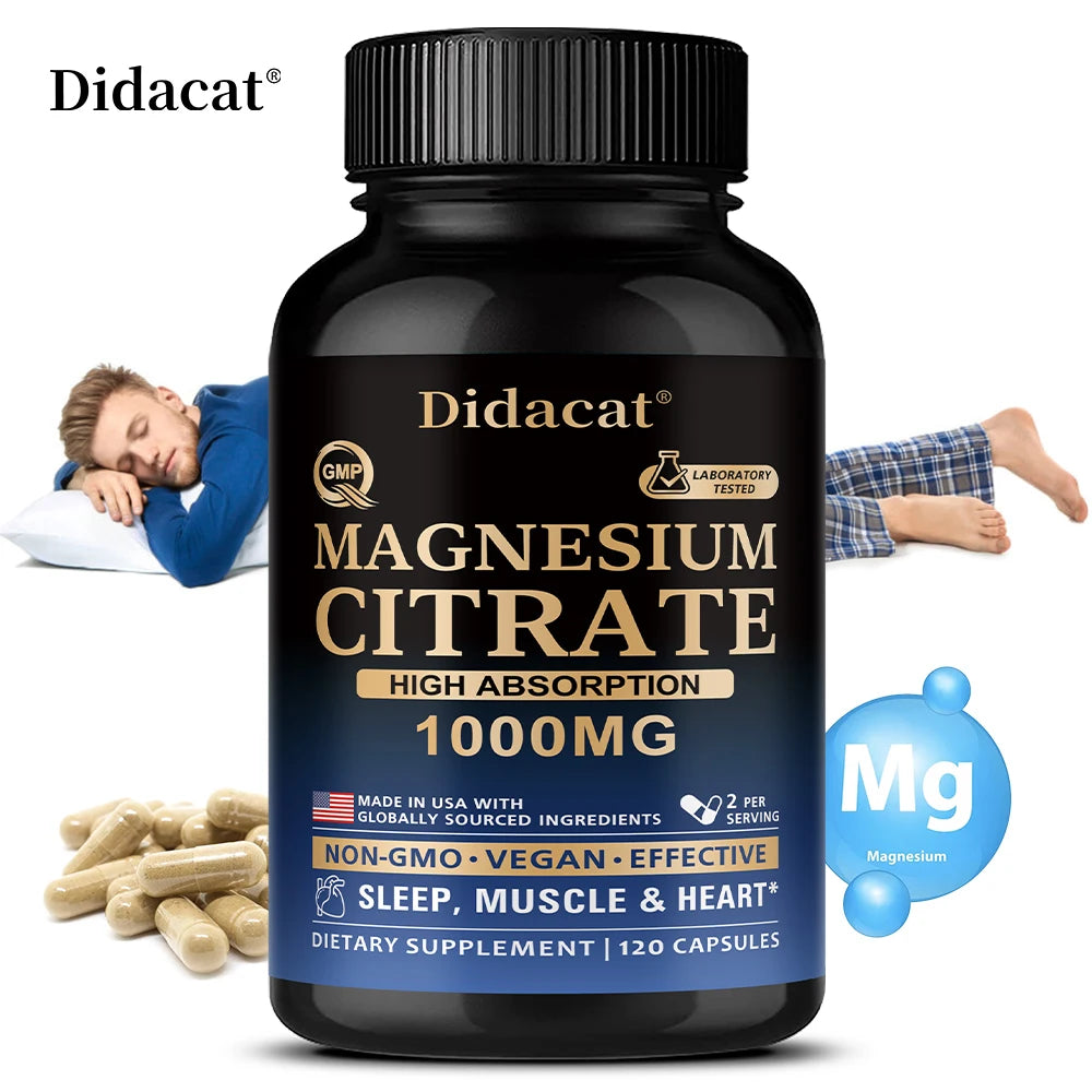 Magnesium Citrate Capsules 1000mg,High Absorption Supplement - Sleep, Muscle & Heart Support,Non-GMO Vegan