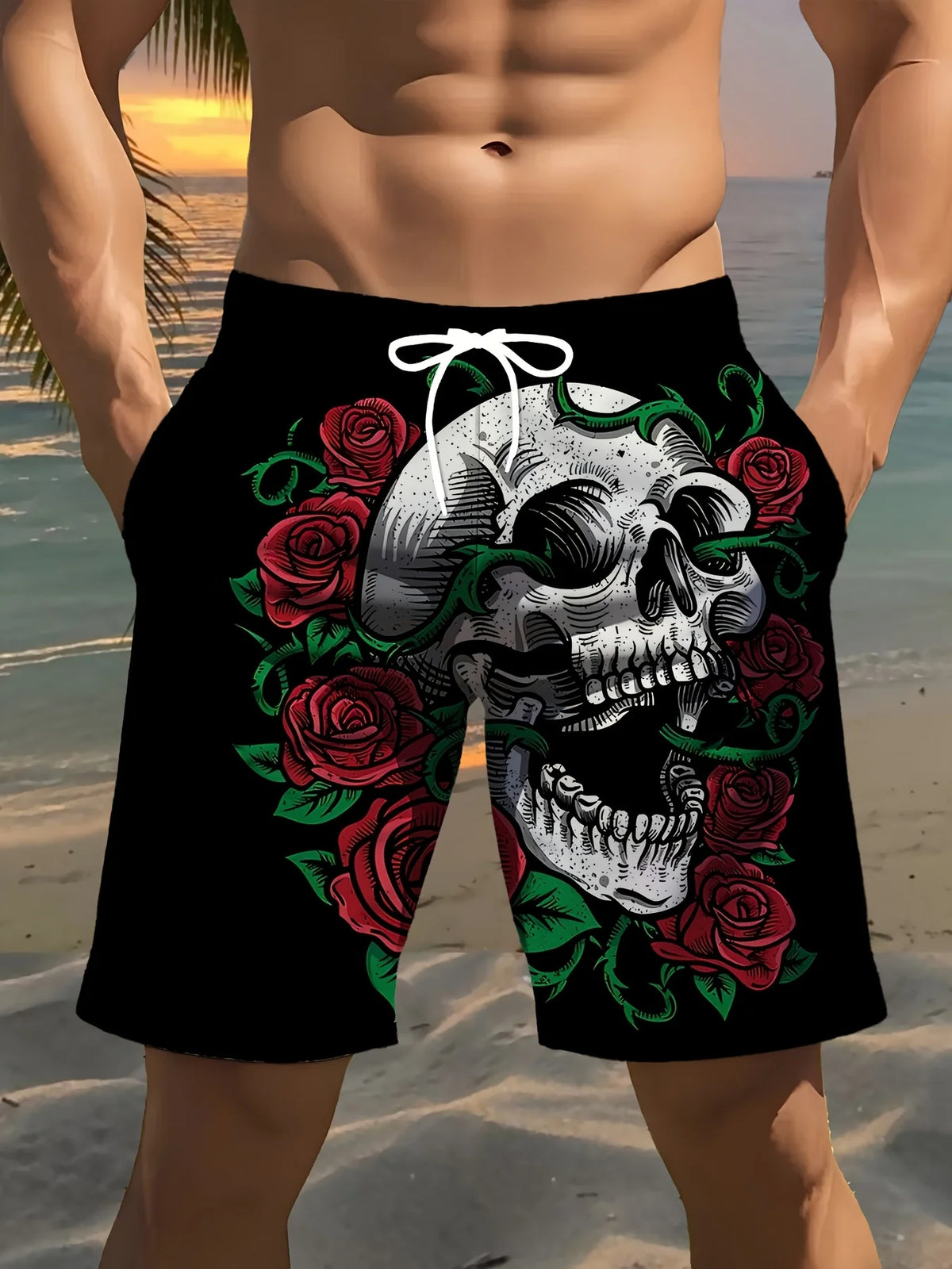Men's Fashion Skull Man Pattern Digital 3D Printing Men's Casual Drawstring Shorts with Pockets Suitable for Summer Leisure