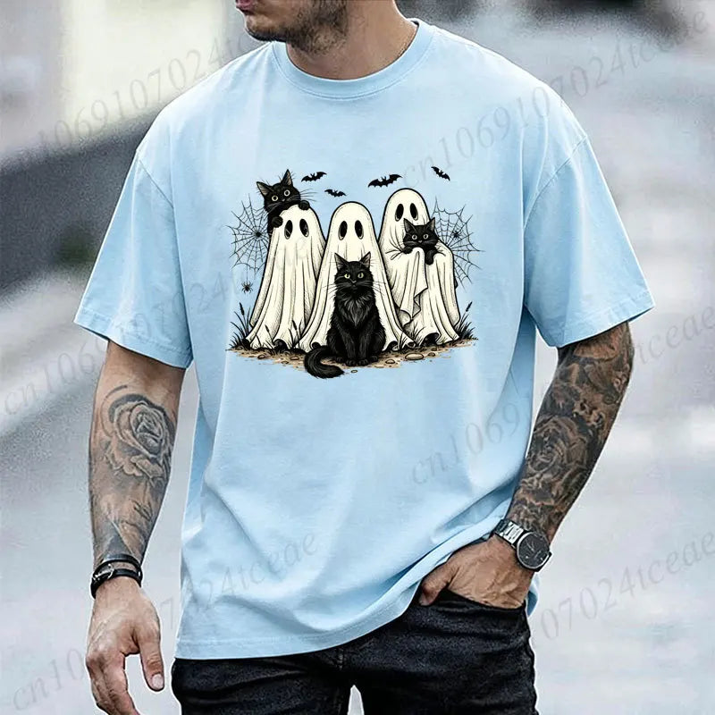 Retro Halloween Ghost & Black Cat Graphic T‑Shirt Men Women Spooky Ghost Cats Bat Spider Print Short Sleeve Holiday Party Tops