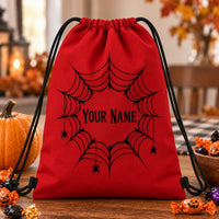 Halloween Trick Or Treat Drawstring Backpack, Personalized Custom Name Spider Web Print Sack, Lightweight Candy Carry Bag