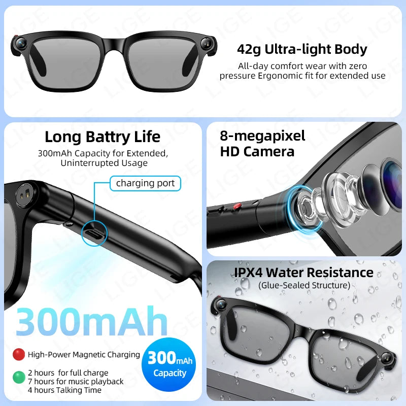 LIGE Smart Glasses HD Photo Video OpenAI Record Translation Touch Photochromic Lenses Bluetooth Call Music Multifunction Glasses