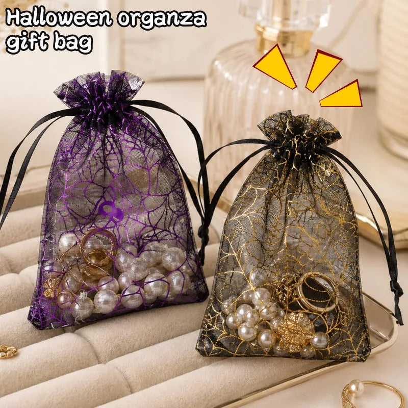 10/100pcs Halloween Candy Gift Bag Mesh Drawstring Spider Web Printing Storage Pouch Home Festival Party DIY Horror Decor Bag