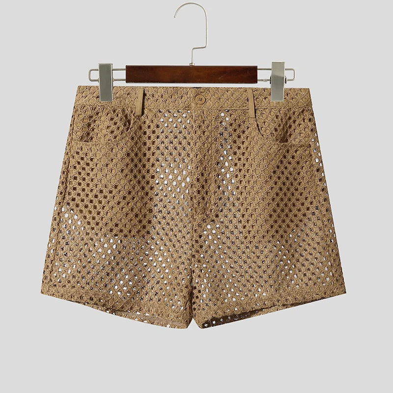 INCERUN Men's Shorts Solid Color Button Hollow Out Mesh See Through Men Bottoms Summer Streetwear Fashion Casual Shorts For Man