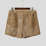 INCERUN Men's Shorts Solid Color Button Hollow Out Mesh See Through Men Bottoms Summer Streetwear Fashion Casual Shorts For Man
