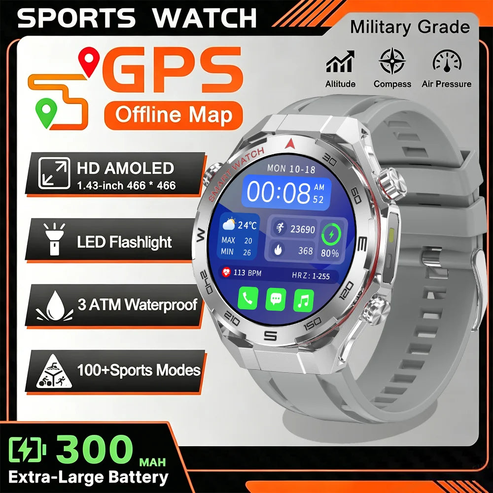 2026 New GPS Sports Smartwatch 300mAh Large Battery LED Flashlight Compass Barometer Military Grade Men's Smartwatch Gift