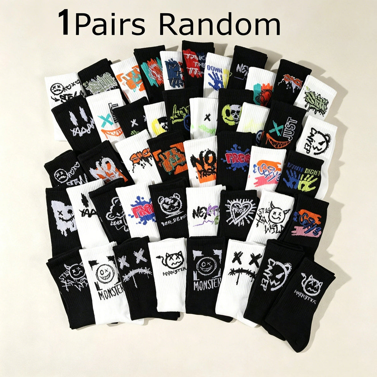 5/10/20 Double Random Graffiti Printed Men's and Women's Sports Socks Fun Cool Hip Hop Street Style Multi Color Letter Socks