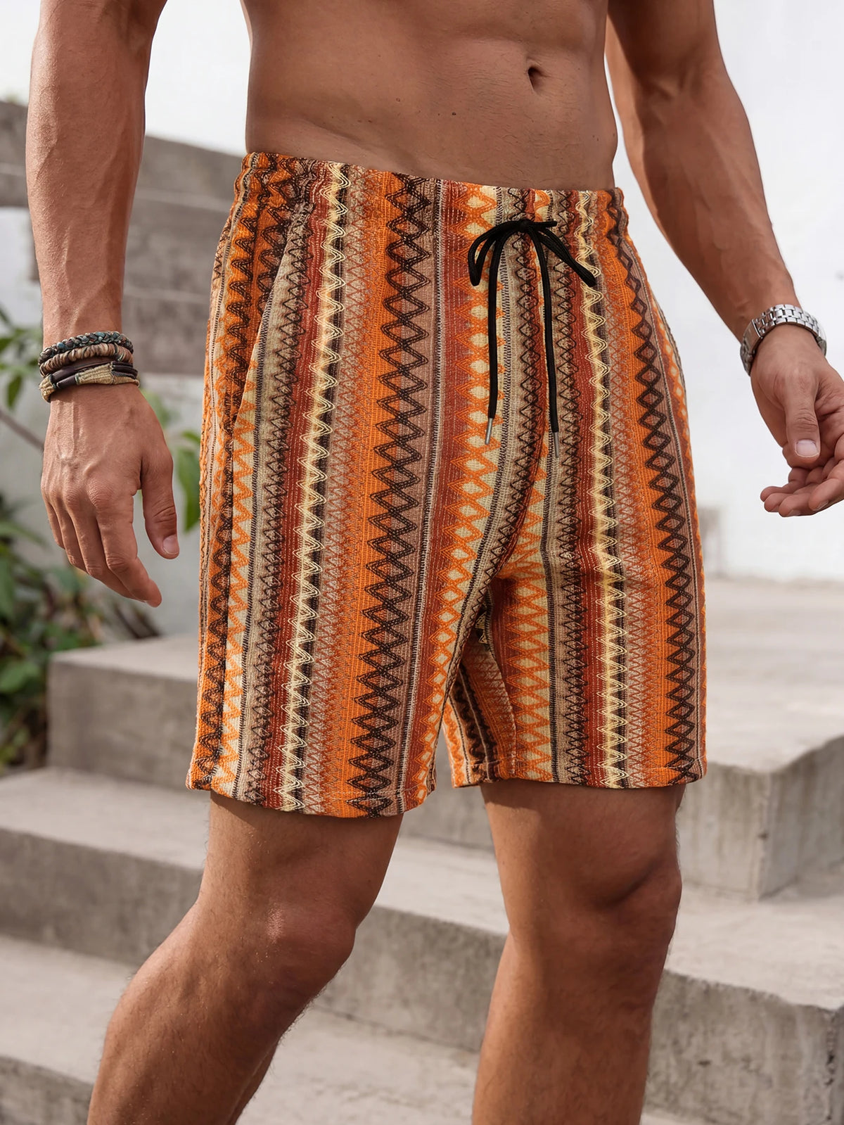 Summer New Bohemian Style Men's Beach Pants, Summer Breathable Ethnic Pattern Casual Shorts