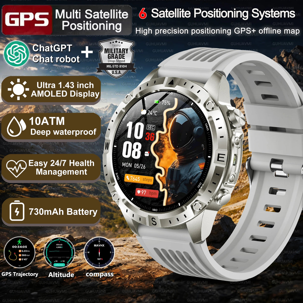 2026New Tank Grade Built in GPS SmartWatch Offline Map 10ATM Swim 2GB Music Compass Bluetooth Call Fitness Sports Smartwatch Men