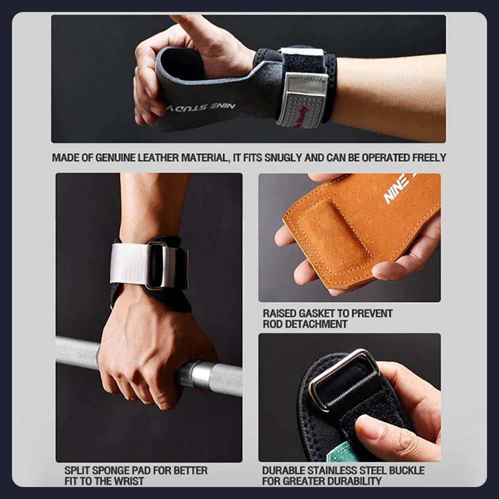 1 Pair Premium Anti-Slip Wrist Wrap Lifting Straps Grips Fitness Gloves for Gym Training Deadlifting 3 Layer Leather