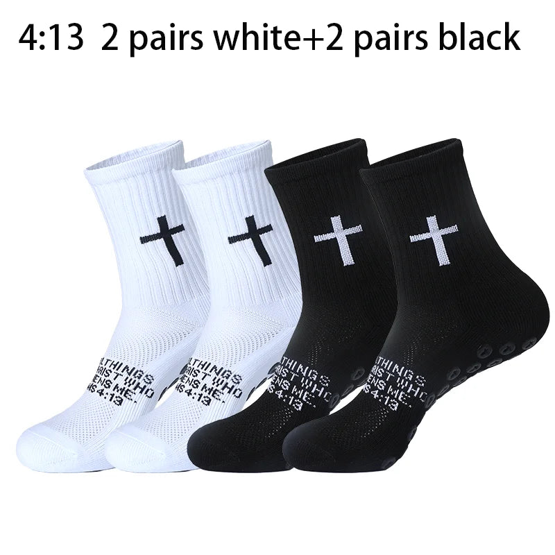 4 Pairs Christian Socks Prayer Socks Jesus Socks, Cross Grip Soccer Socks - Anti-Slip Grips Sports Sock with Bible