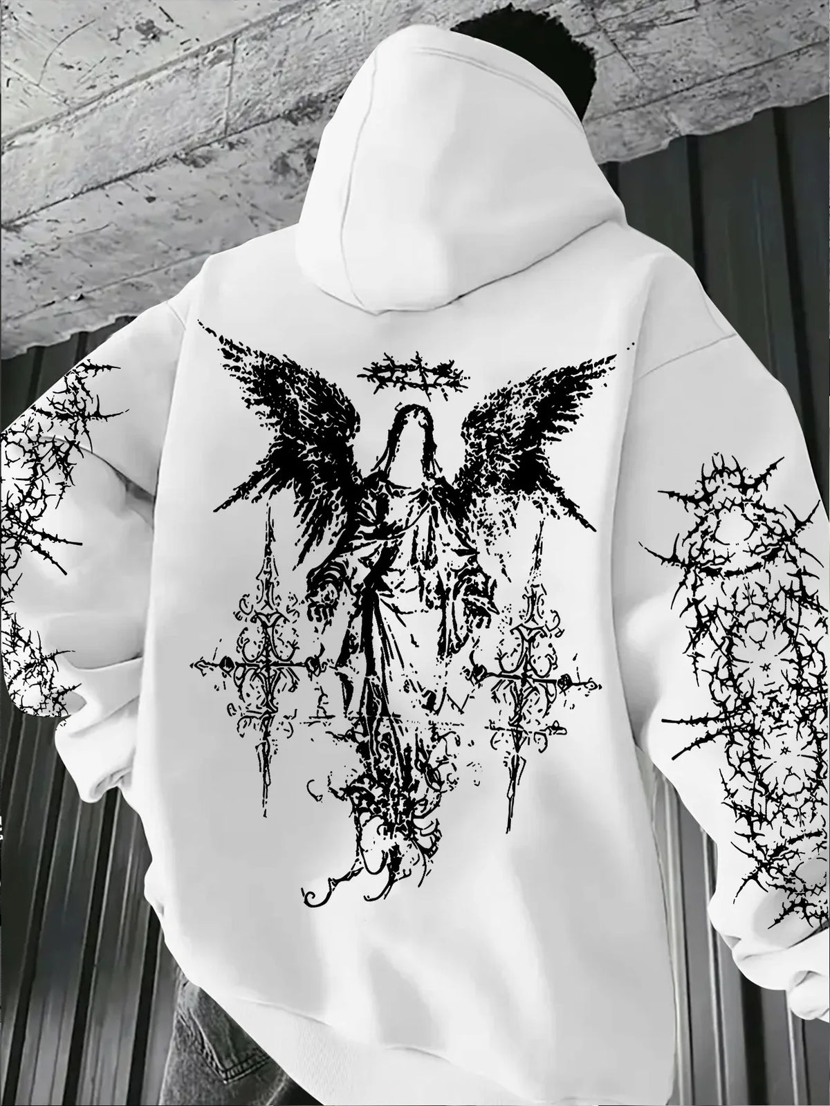 Men's Angel Element Graffiti Thorn Print Streetwear Hip Hoodie Punk Style Hoodie Regular Fit Outdoor Casual Long Sleeve Pullover