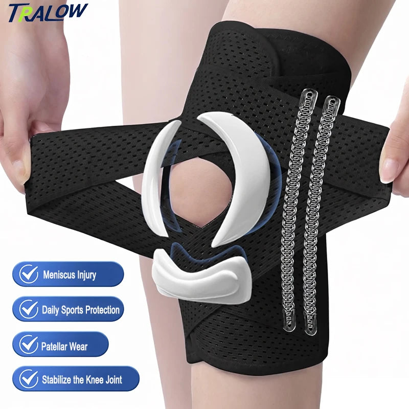 TRALOW Adjustable Meniscus Knee Brace with Side Stabilizers Breathable Mesh Fabric for Running,Injury Recovery,Joint Pain Relief