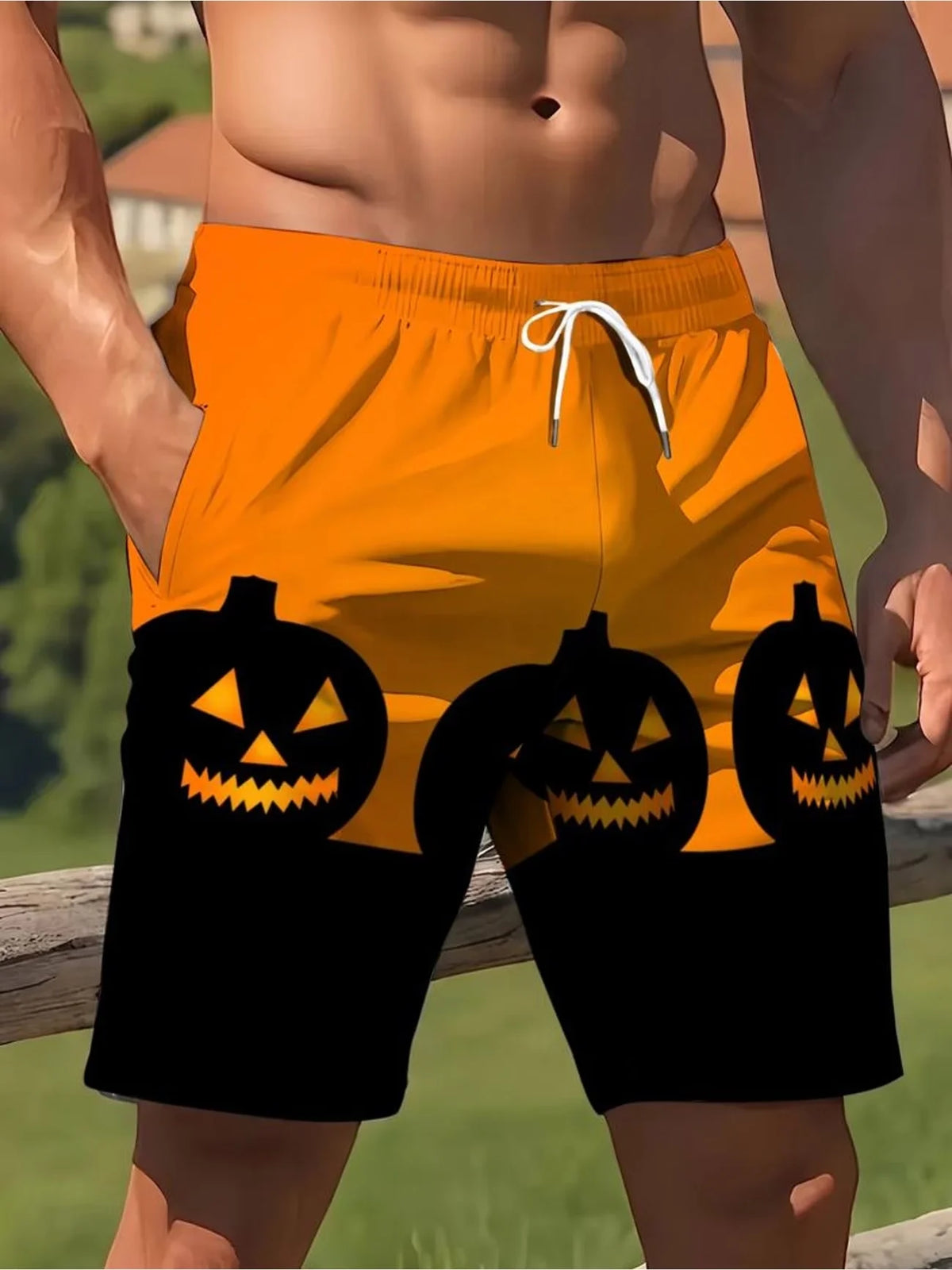 Summer Men's Women's Quick-Drying Beach Shorts Halloween Pumpkin Printed Shorts Beach Swimming Party and Outdoor Sport Shorts