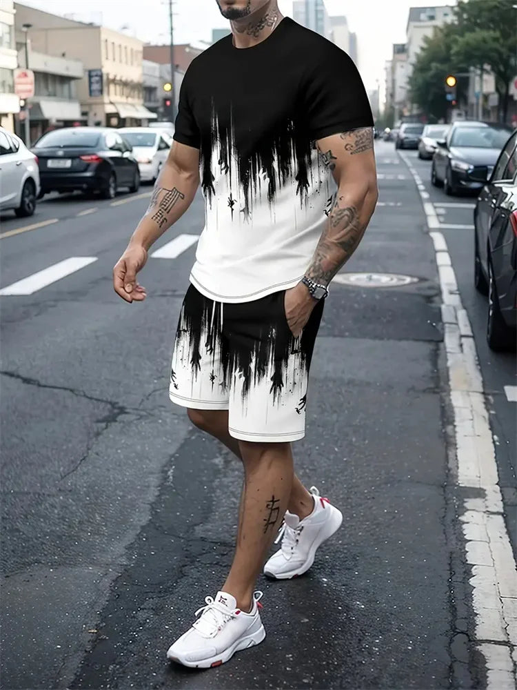 New Gradient Texture T-Shirt Men's Two-Piece Summer New Shorts Suit Fashion 3D Printing Street Casual Sportswear Men's Models
