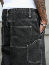 Men's Summer Black-Grey Loose Baggy Denim Shorts