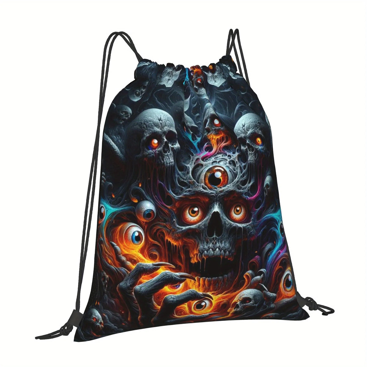 Flame Skull Print Drawstring Storage Bag, Lightweight & Durable, Universal Drawstring Backpack for Outdoor Activities