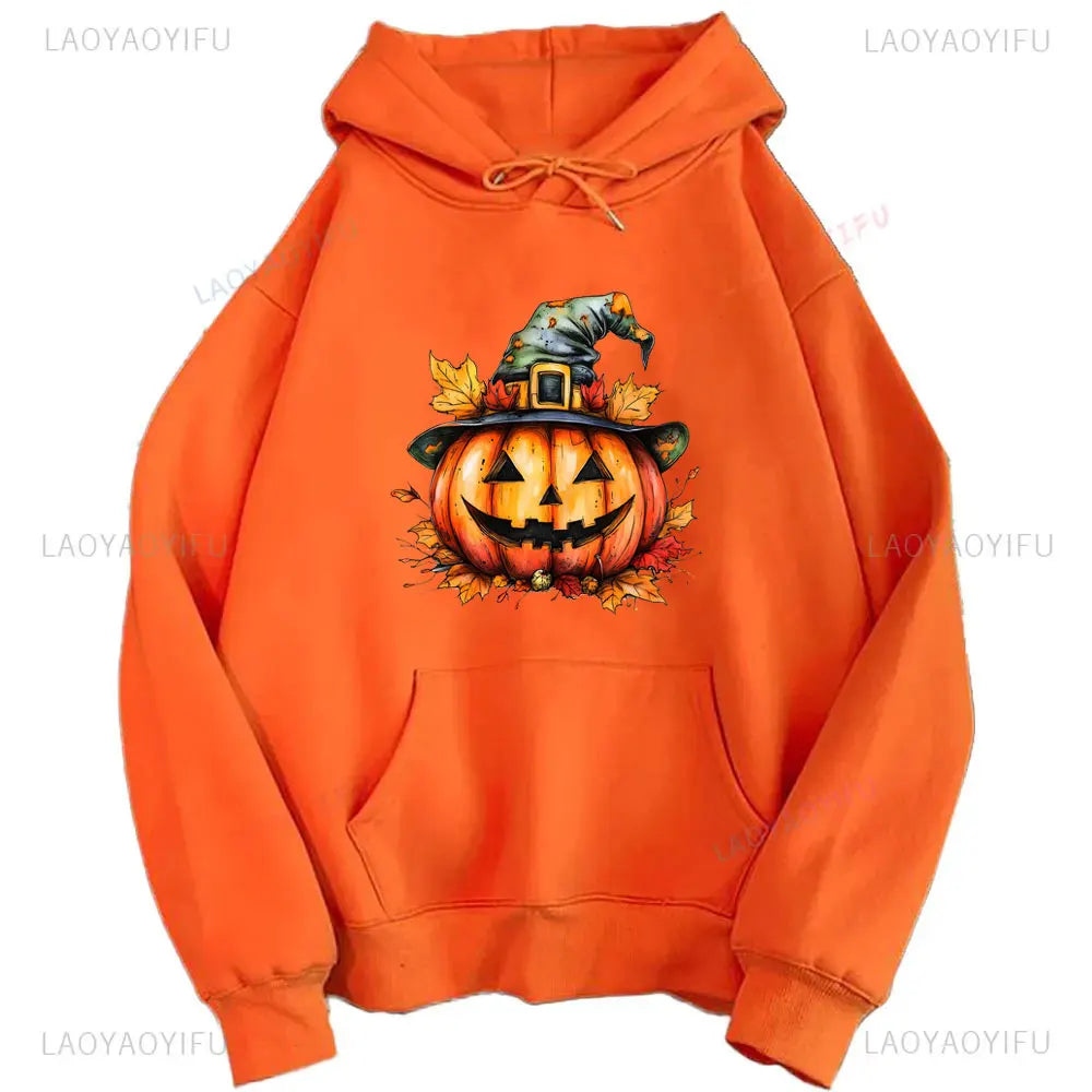 2024 Halloween Orange Hoodie Kawaii Halloween Pumpkin bowknot Women's Hoodie Harajuku Halloween Print Autumn Warm Unisex Hoodie