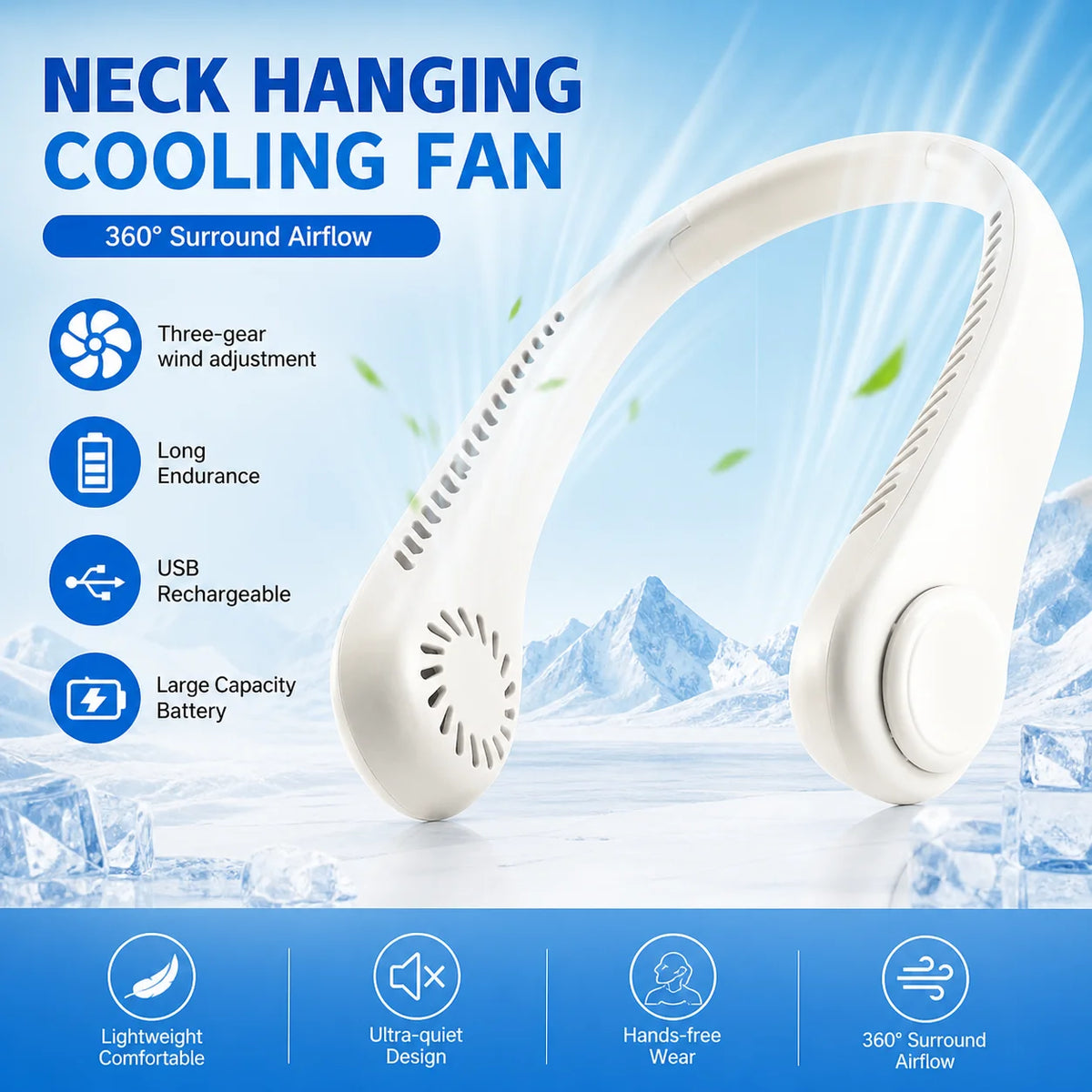 3 Speed Adjustable Bladeless Neck Fan Portable Rechargeable Mini Hanging Neck Air Cooler Long Battery Life For Summer Outdoor