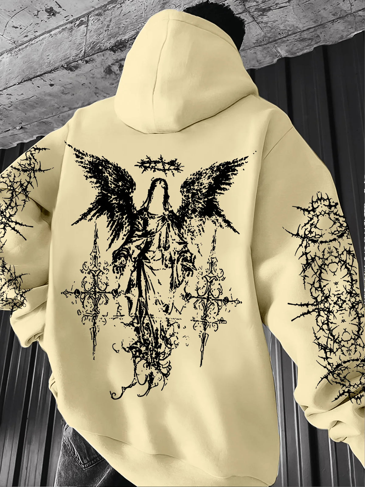 Men's Angel Element Graffiti Thorn Print Streetwear Hip Hoodie Punk Style Hoodie Regular Fit Outdoor Casual Long Sleeve Pullover