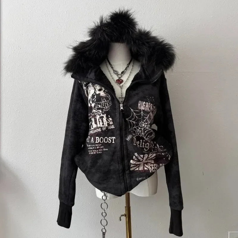 Y2K Gothic Eagle Print Zip Up Hoodie Men Women Vintage Washed Black Hooded Sweatshirt Grunge Streetwear Oversized Hoodie Jacket
