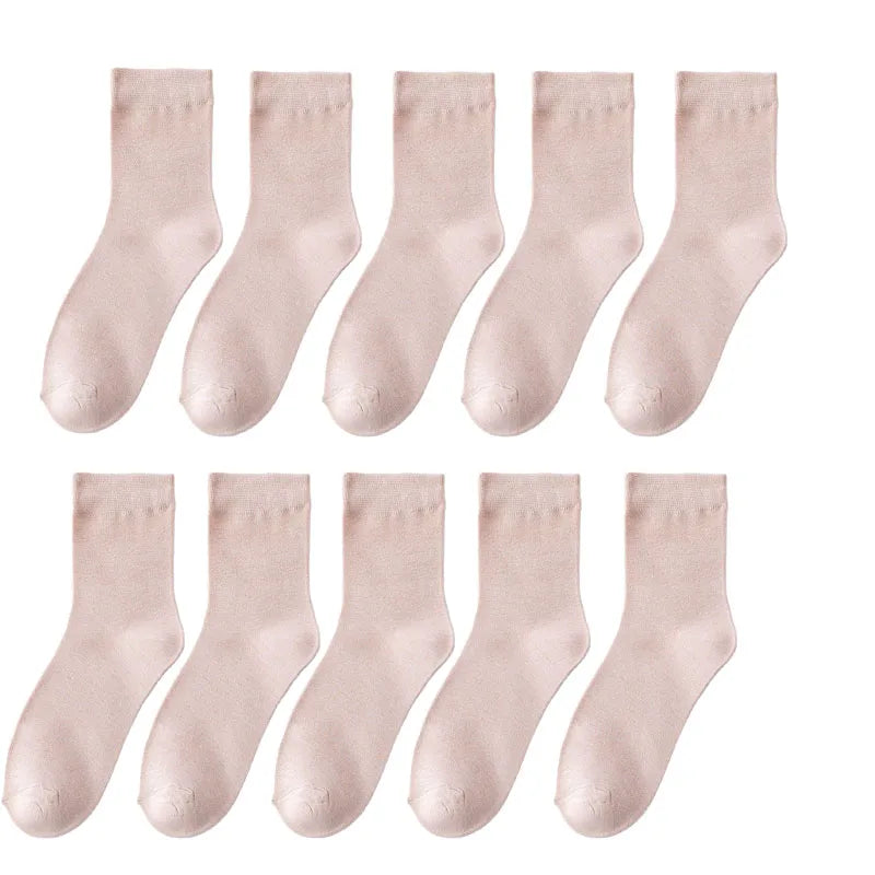 10 Pair Women's Bamboo Fiber Socks Harajuku Retro Solid Color Casual Ladies Set Black Socks Korean Style White Socks