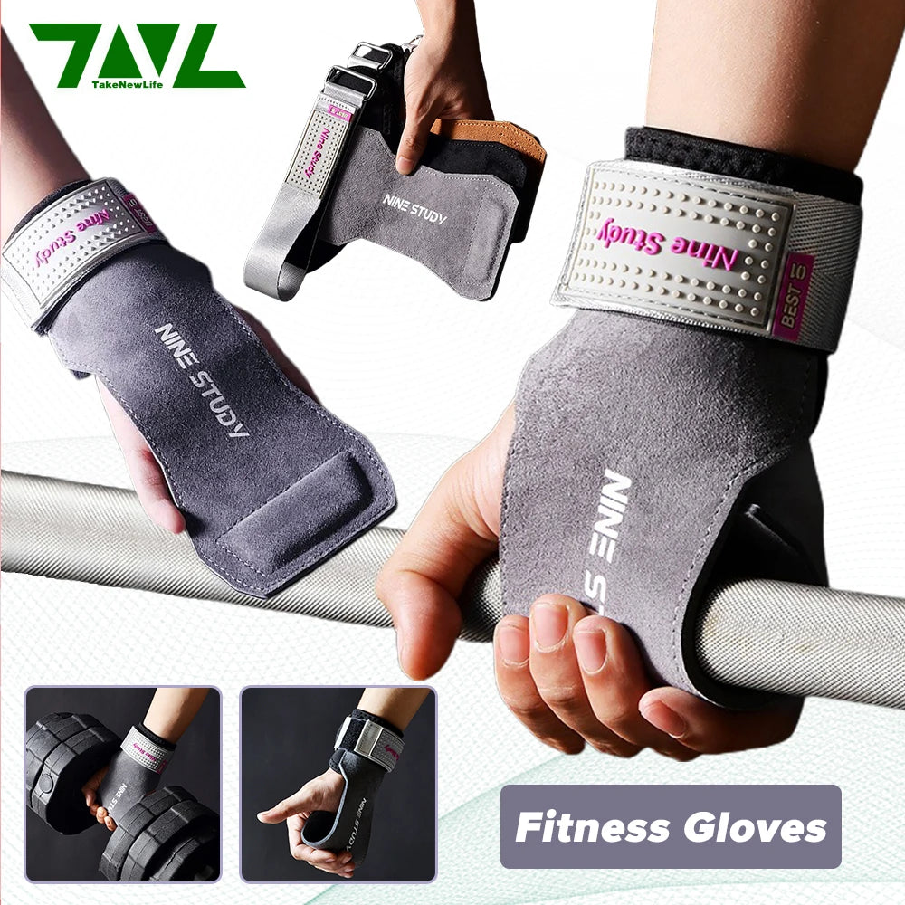 1 Pair Premium Anti-Slip Wrist Wrap Lifting Straps Grips Fitness Gloves for Gym Training Deadlifting 3 Layer Leather