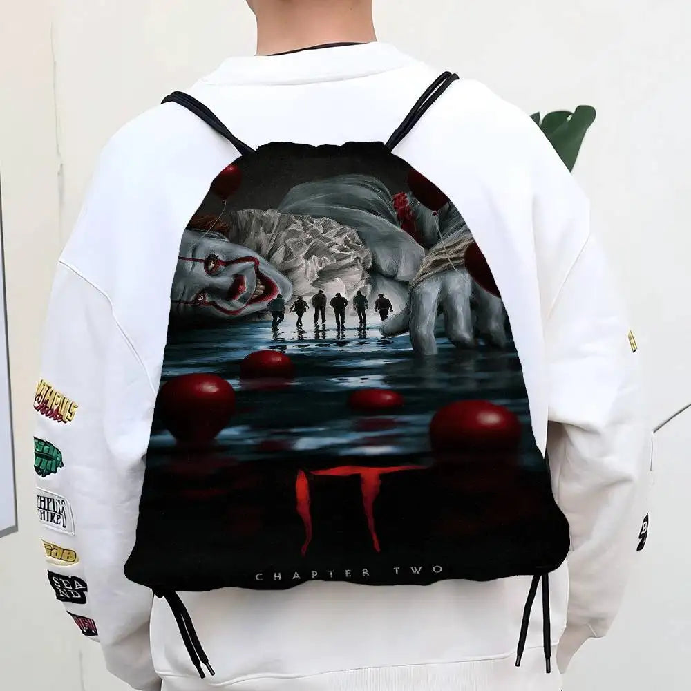 Horror Film I-It P-Pennywise Clown Drawstring Bags Sports Backpack Gym Sackpack Water Resistant String Bag For Cycling
