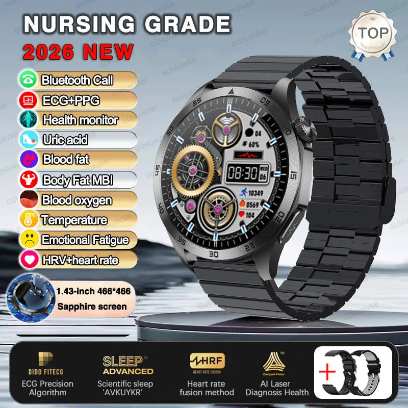 2026 New ECG+PPG Smart Watch Men Treatment Blood Pressure Uric acid Lipids Smartwatch Bluetooth Call Body analysis Health Clock