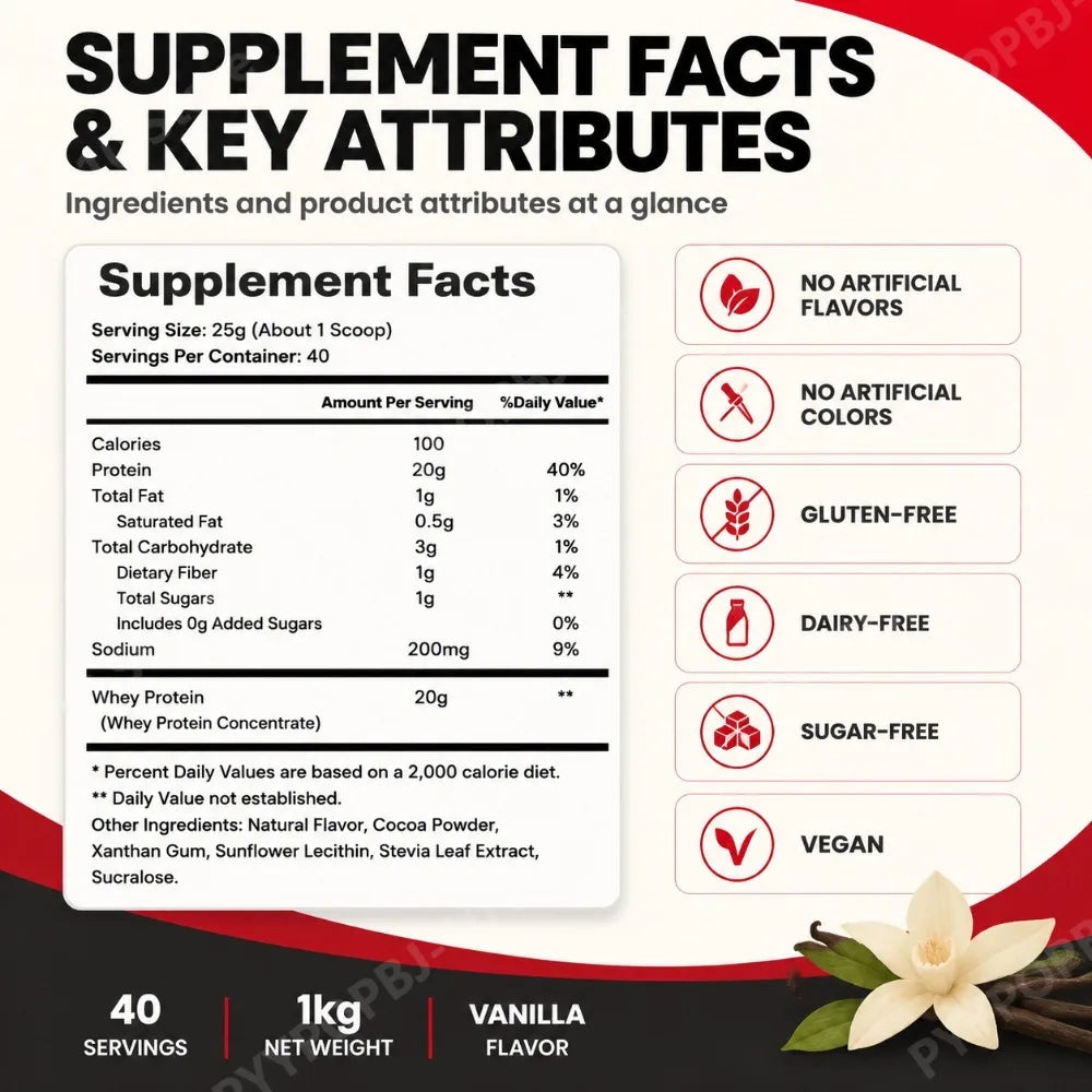 Whey Protein Powder Concentrate 20G Protein Supports Muscle Growth & Recovery Chocolate Vanilla Strawberry Milk 40 Servings 1kg