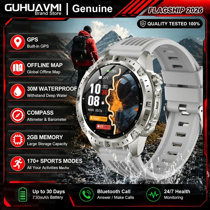 2026New Military Built-in GPS Offline Map Smart Watch AMOLED HD BT Call Compass Flashlight 3ATM Waterproof Men Sports Smartwatch