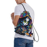 Custom Day of the Dead Retro Style Ideal Gift Halloween Drawstring Backpack Sports Gym Bag for Women Men  Training Sackpack